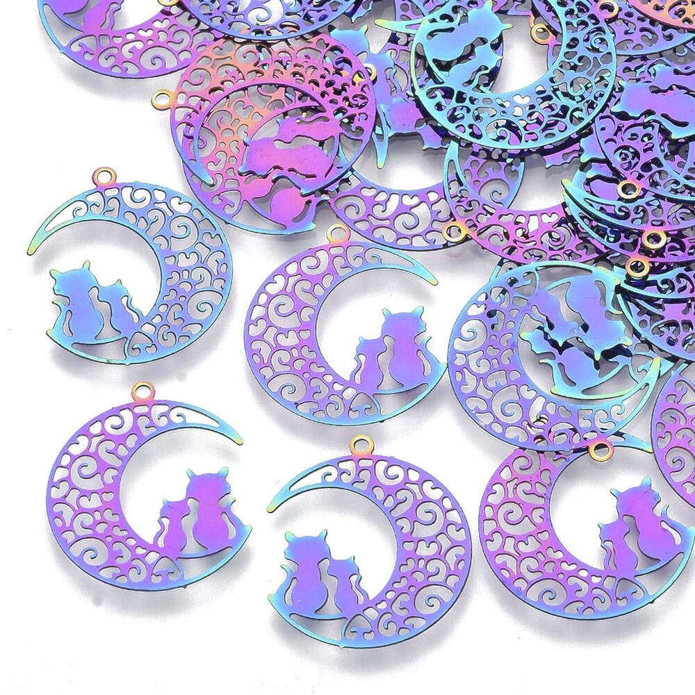 5885 50Pcs Colorful Filigree Crescent Moon Cat Pendants Stainless Steel